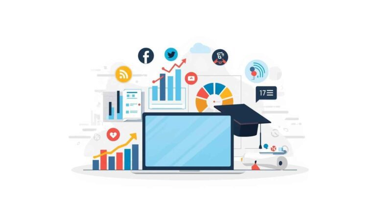 A clean flat-design illustration of marketing elements (charts, graphs, social media icons, laptop, diploma) arranged in a balanced composition. Minimal, modern, business-focused, white background, suitable for blo