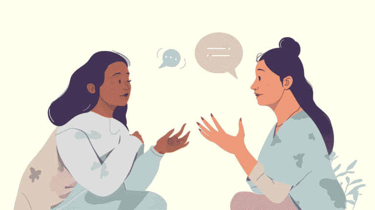 wo speech bubbles of different sizes floating over a split-tone background. One side is muted gray, the other side is a deep royal purple. The composition is clean, airy, and high-contrast, symbolizing balanced communication. Soft studio lighting, 8k resolution, cinematic aesthetic, no text on image.