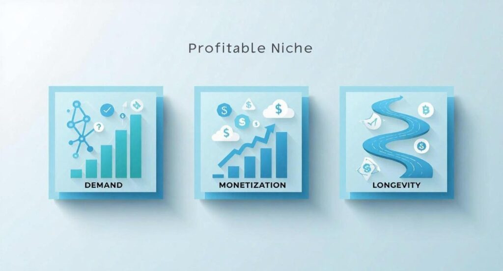 Profitable niche framework showing demand, monetization, and longevity