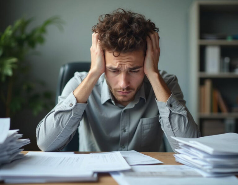 erson feeling overwhelmed and stressed while working alone — representing self-doubt when building a business