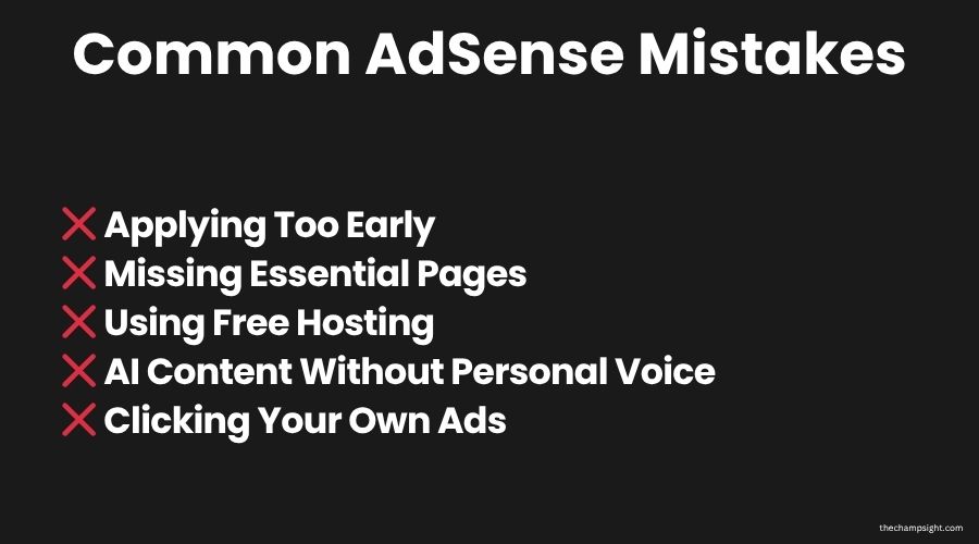 How I Got Approved by Google AdSense After 7 Rejections Infographic showing five common mistakes to avoid when applying for Google AdSense approval