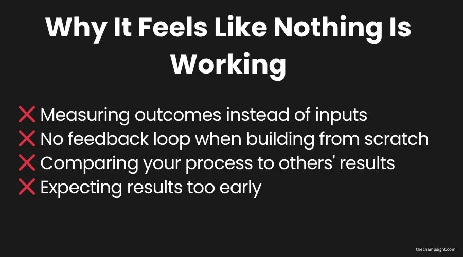How to Keep Going When Nothing Seems to Be Working Infographic showing 4 reasons why it feels like nothing is working when building a blog or business