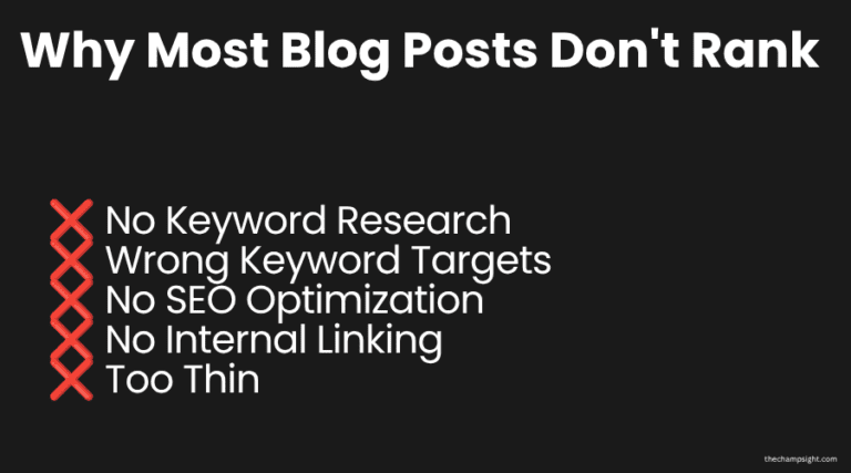 Infographic showing 5 reasons why most blog posts never rank on Google