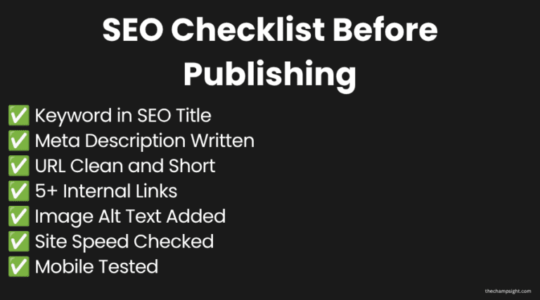 SEO checklist infographic showing what to optimize before publishing a blog post to rank on Google