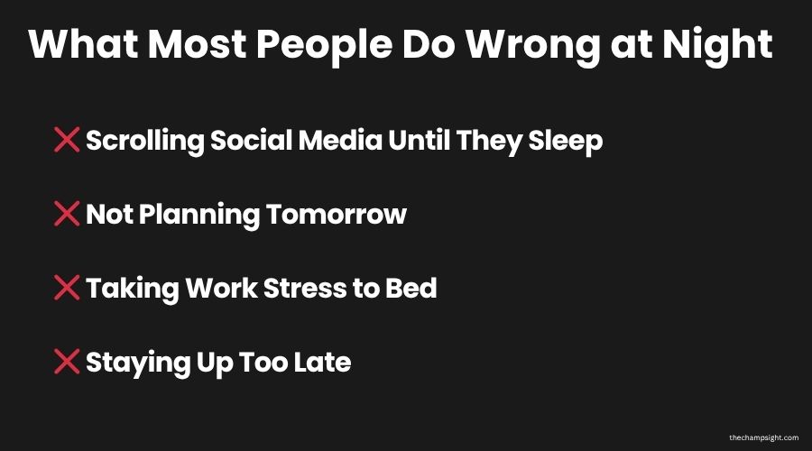 Infographic showing 4 common night routine mistakes that destroy sleep quality and morning productivity