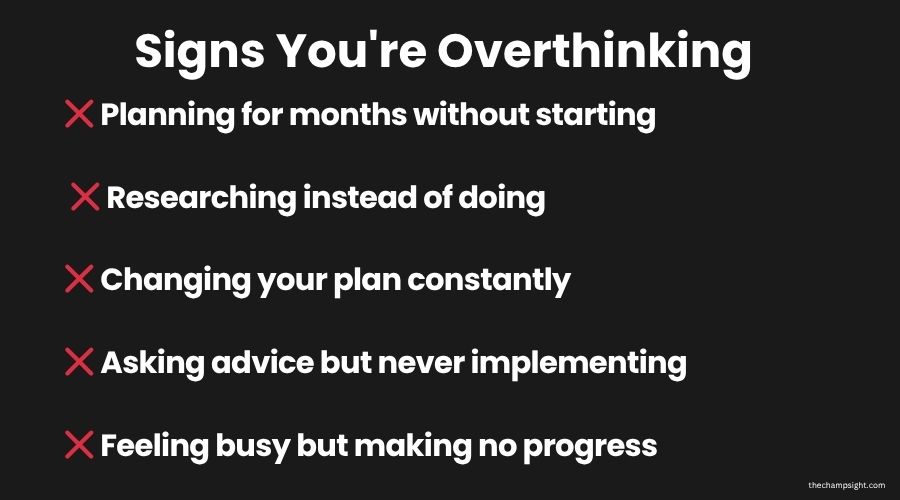 Infographic showing 5 signs you're overthinking your blog or business instead of taking action