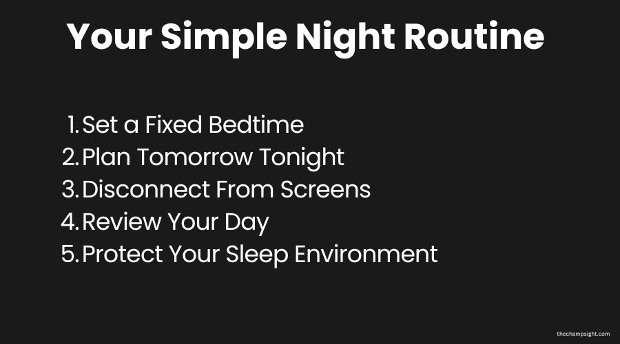 Infographic showing 5 step night routine to set yourself up for a productive morning