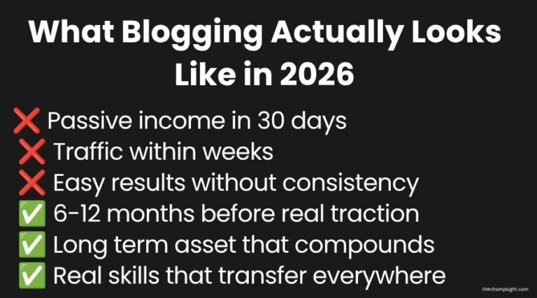 Infographic showing what blogging actually looks like in 2026 versus the hype