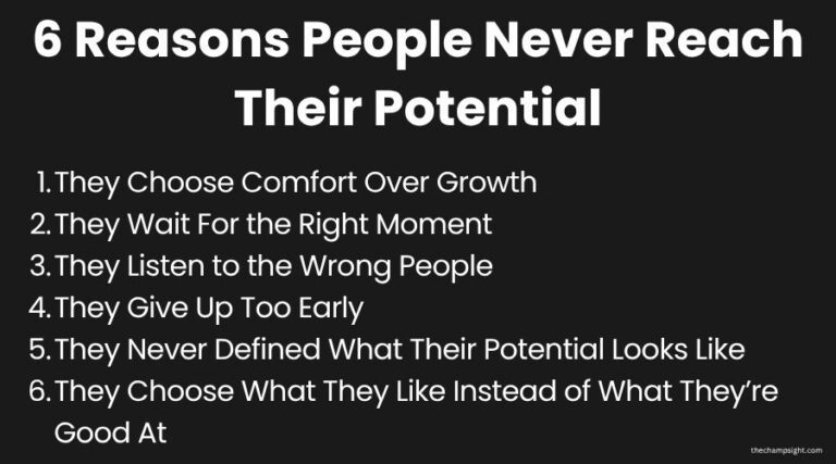 Infographic showing 6 reasons why most people never reach their full potential