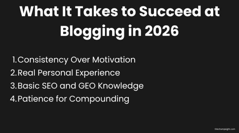 Infographic showing 4 things it takes to succeed at blogging in 2026