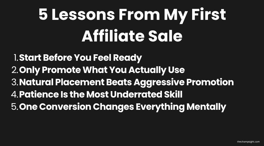 How I Made My First Affiliate Commission After 6 Months of Blogging "Infographic showing 5 lessons learned from making first affiliate commission blogging
