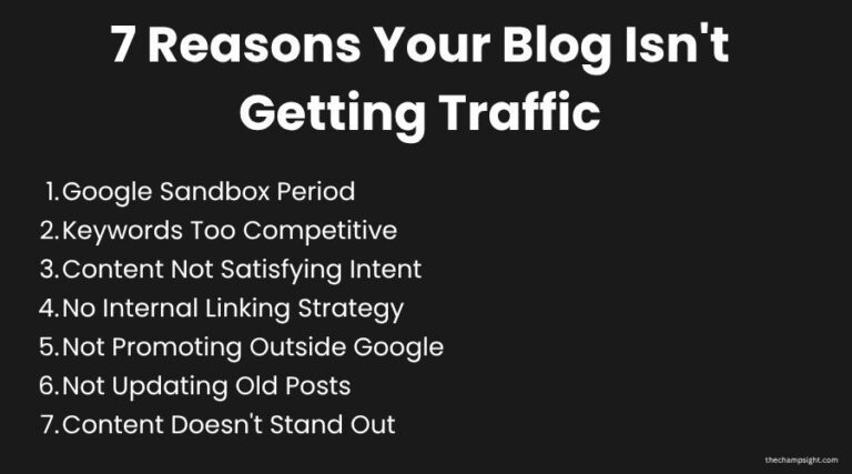 Why Your New Blog Isn’t Getting Traffic (And How to Fix It) Infographic showing 7 reasons why your new blog isn't getting traffic