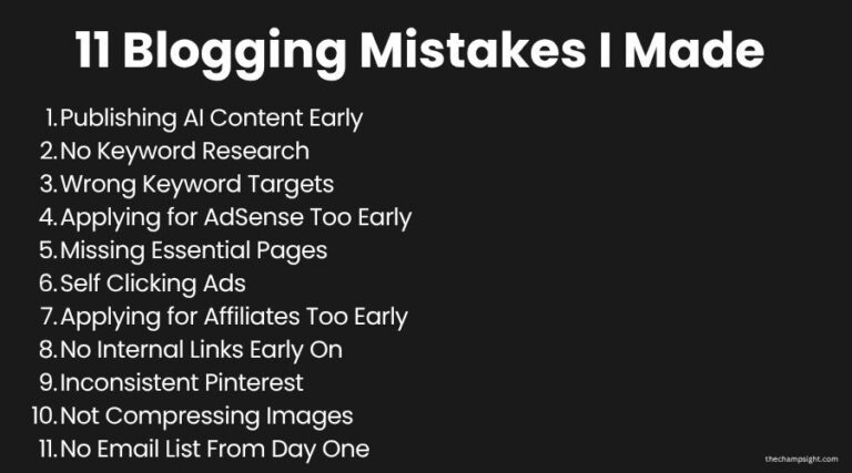 11 Blogging Mistakes I Made So You Don’t Have To Infographic showing 11 blogging mistakes beginners make based on 5 months of real experience