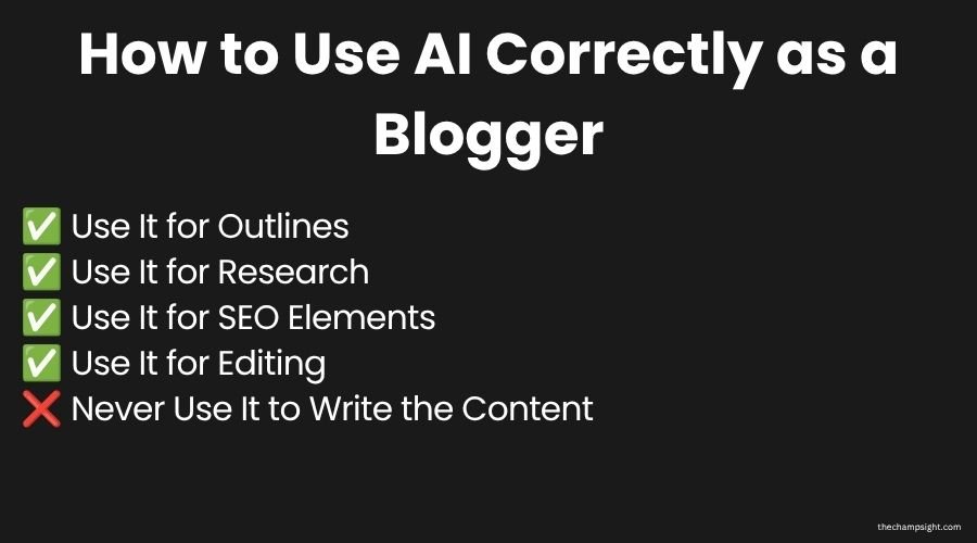 Infographic showing how to use AI correctly as a blogger including what to use it for and what to avoid