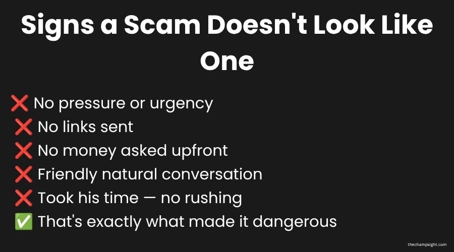 Infographic showing how good scams don't look like scams with signs that seem positive but are dangerous