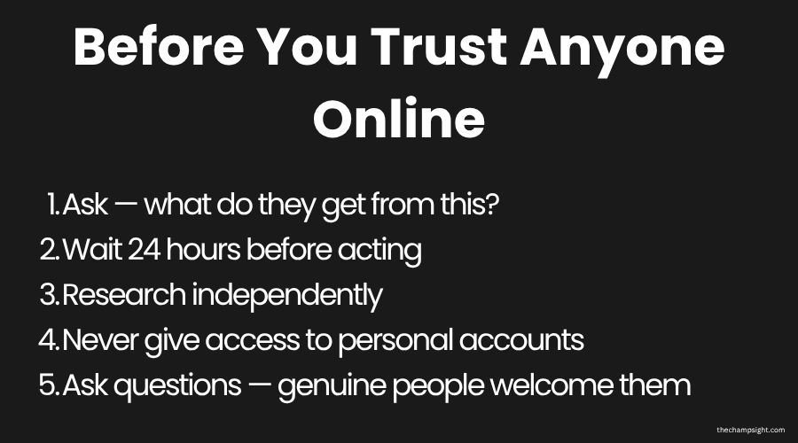 Infographic showing 5 ways to protect yourself from online scams without becoming cold or paranoid