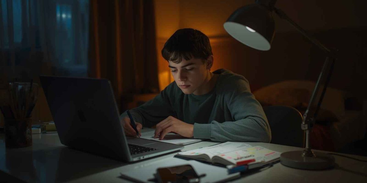 Teenage boy studying at a desk at night with laptop, planner, and a phone placed face down under warm desk lamp light